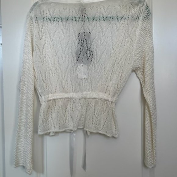 Cream Cropped Cardigan with Ruffled Hem and Tie Closure - Picture 2 of 7